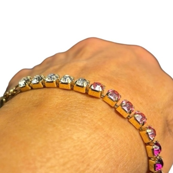 NEW Gold Tone Multi Colored Stone Tennis Bracelet 8" Blue Pink Green - Picture 3 of 9